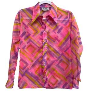 Vintage Teddi California Pink Geometric Button Front Blouse Medium
